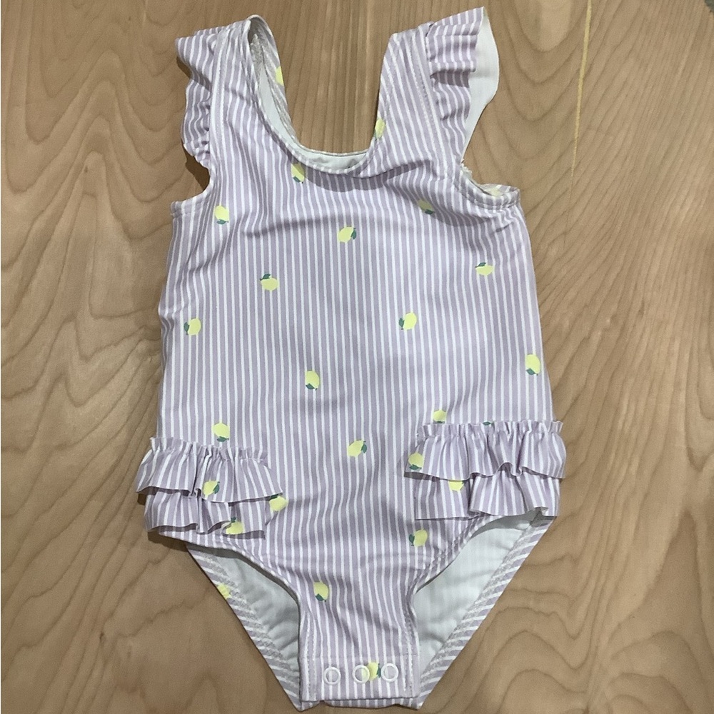Striped Ruffle Swimsuit with Lemon Print